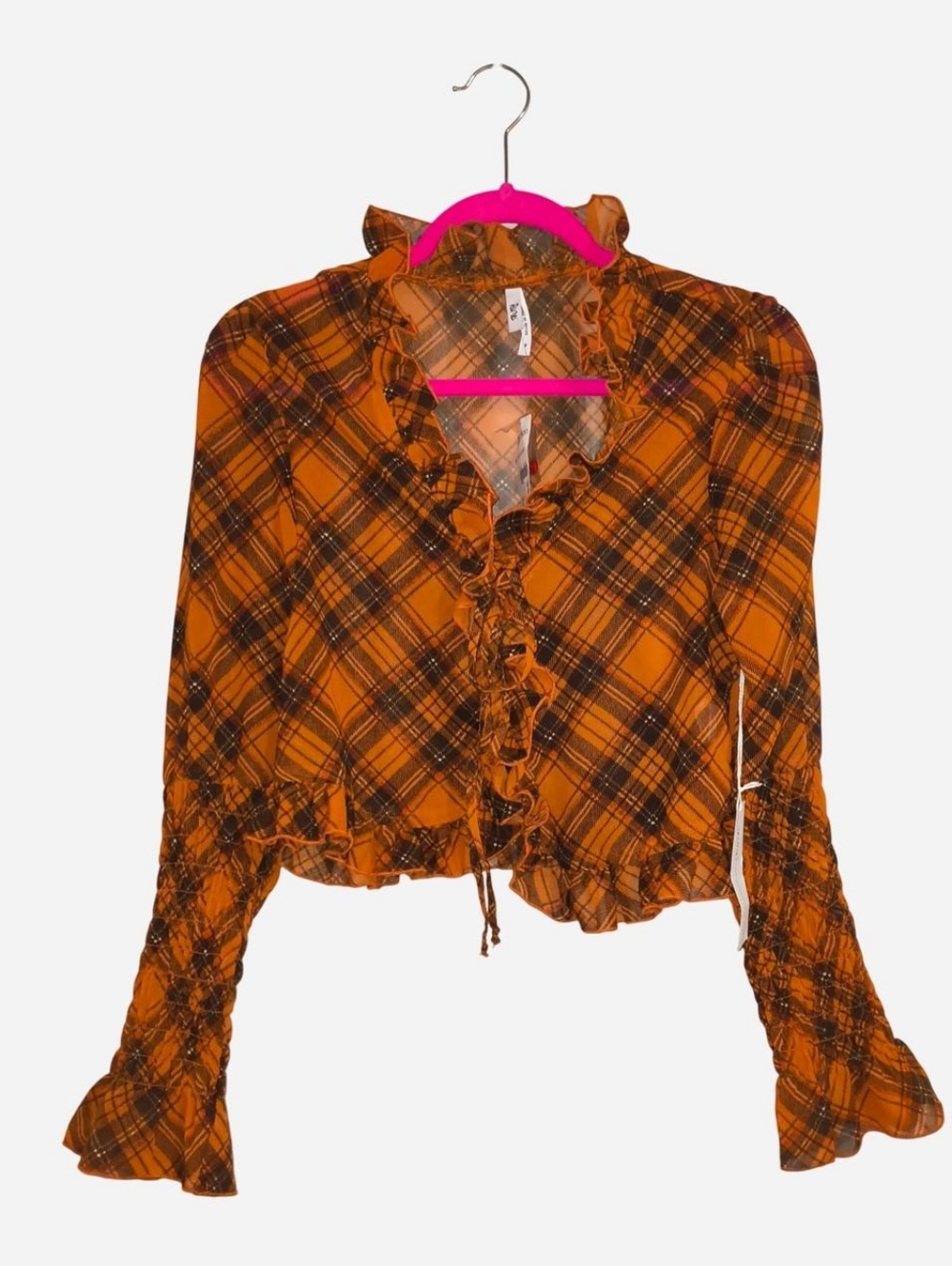 Plaid Ruffle-Front Long Sleeve Top Sheer Blouse - Orange Plaid Nwt